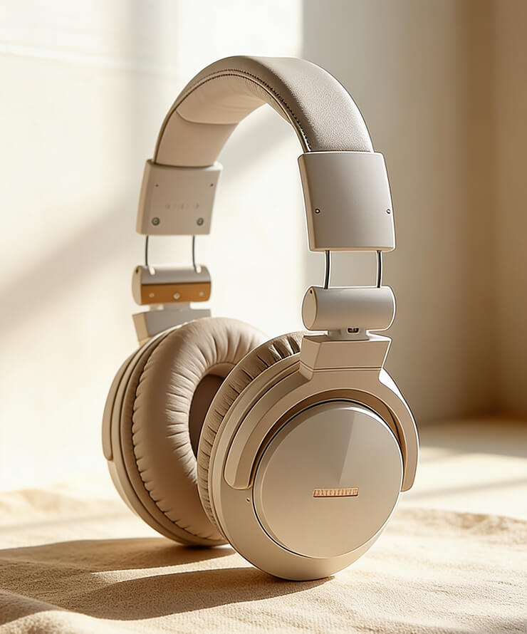 Beige over-ear headphones on a warm surface