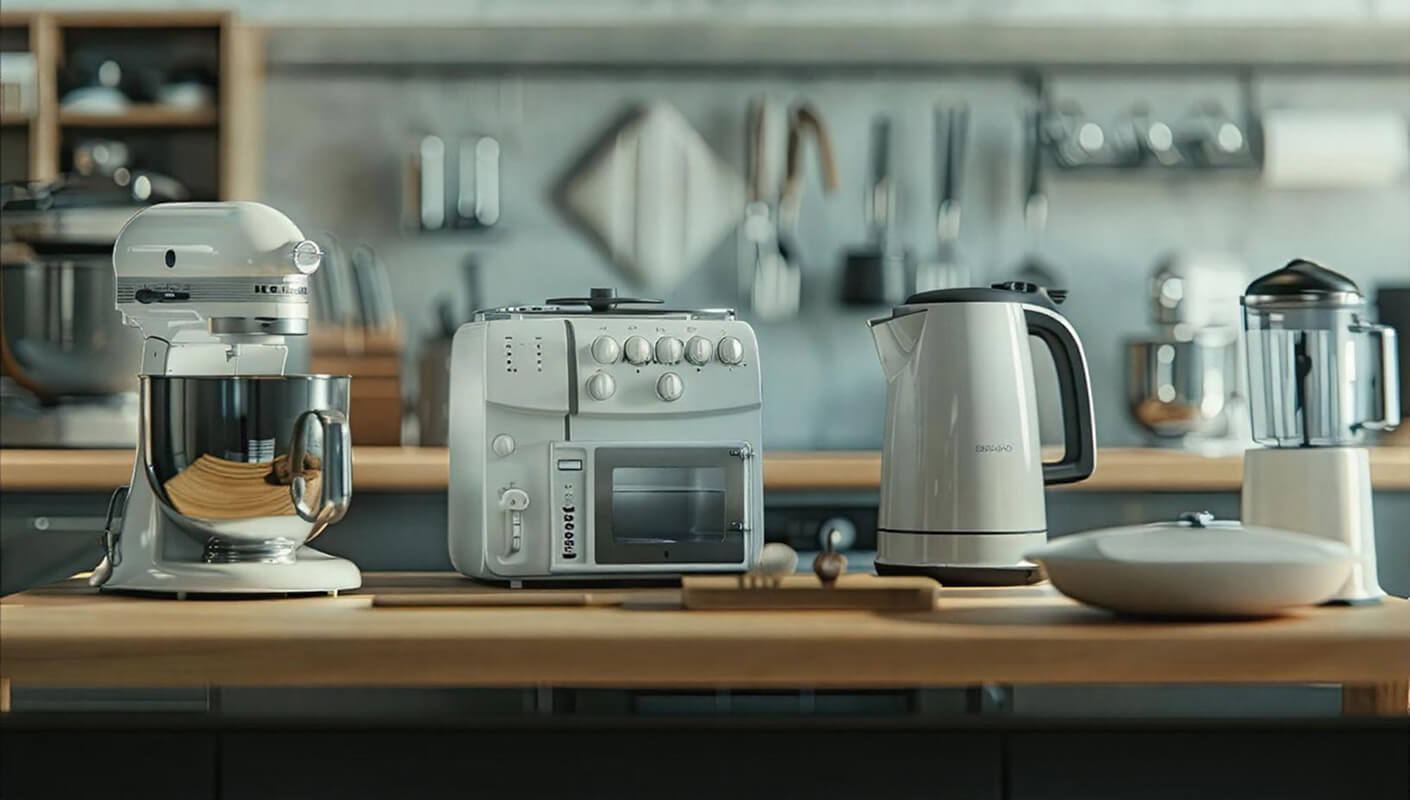 Smart kitchen appliances on wooden counter