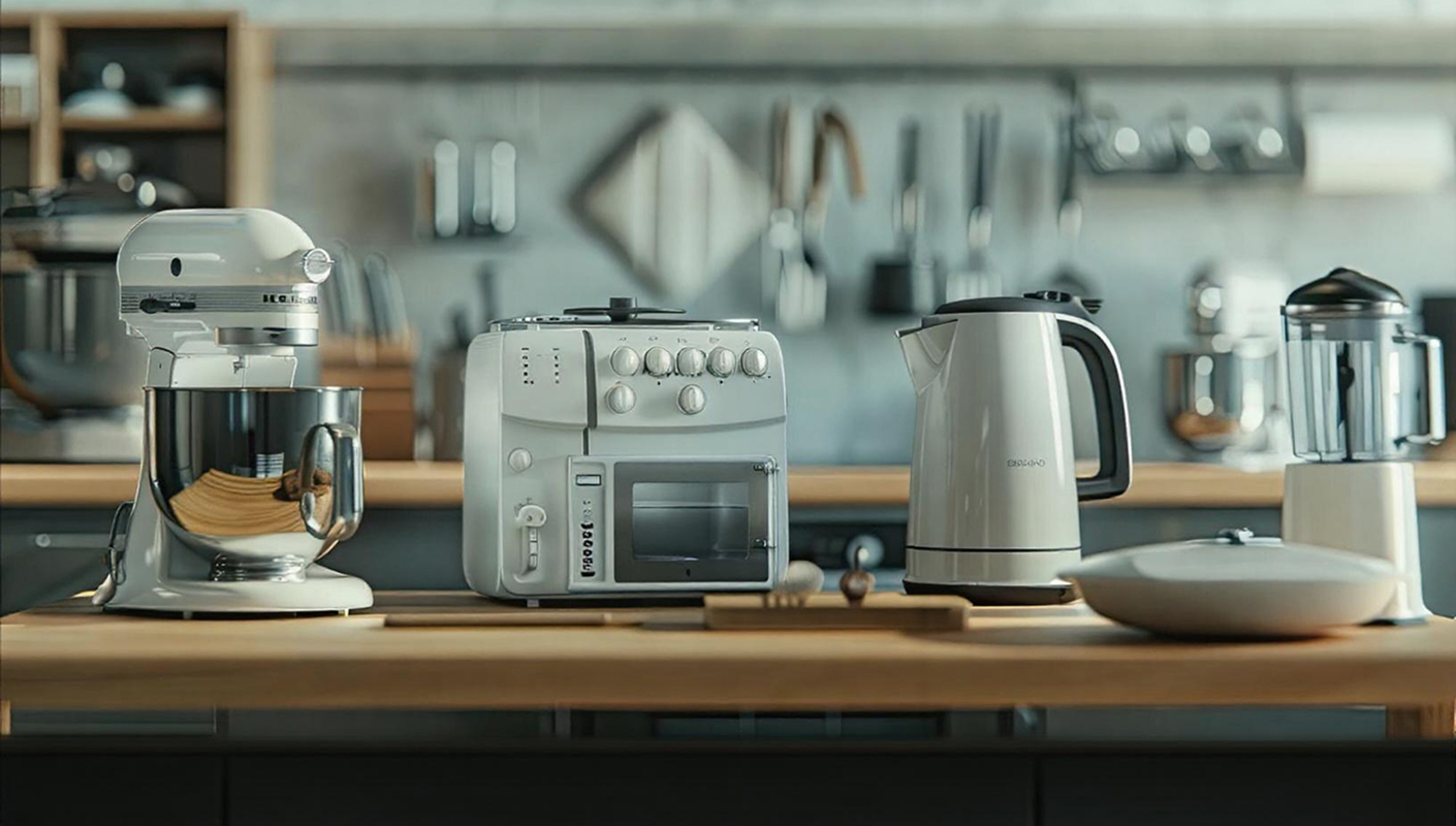Smart kitchen appliances on wooden counter